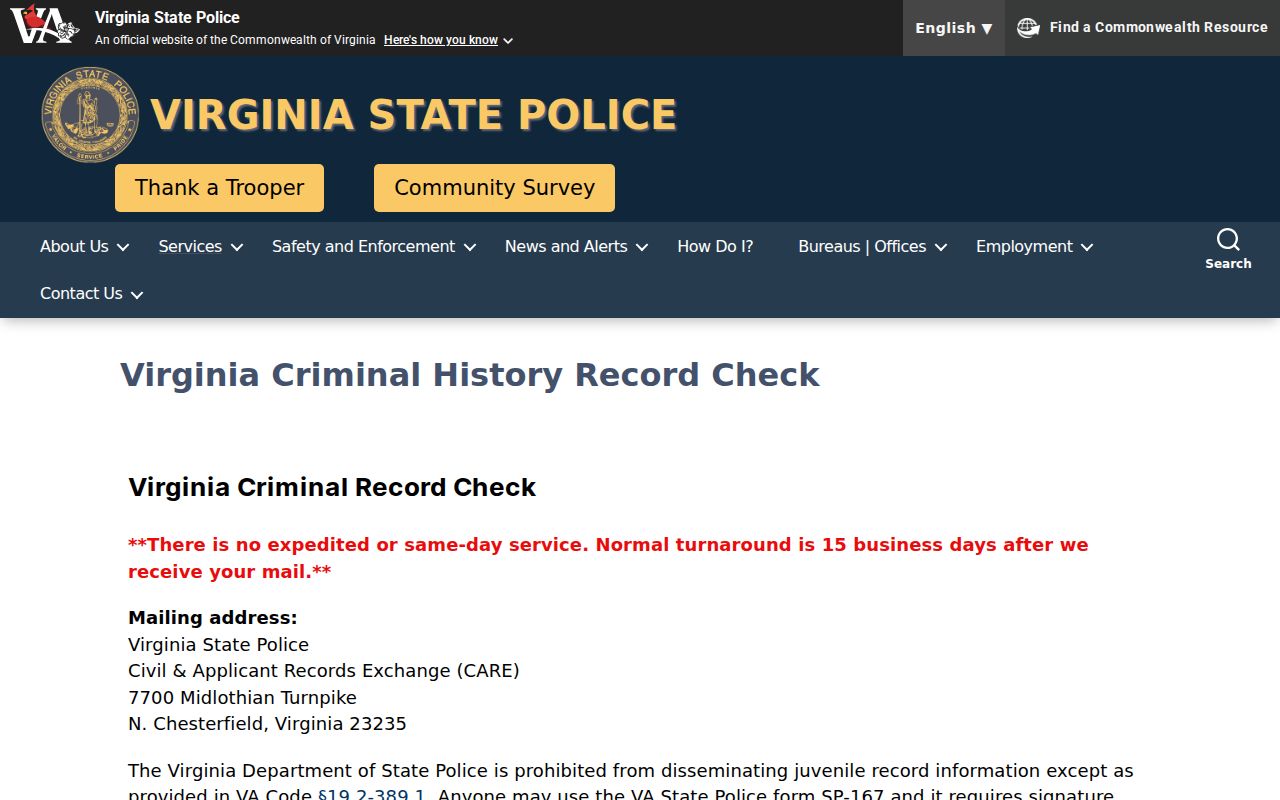 Virginia State Police background check for Chesterfield County criminal records
